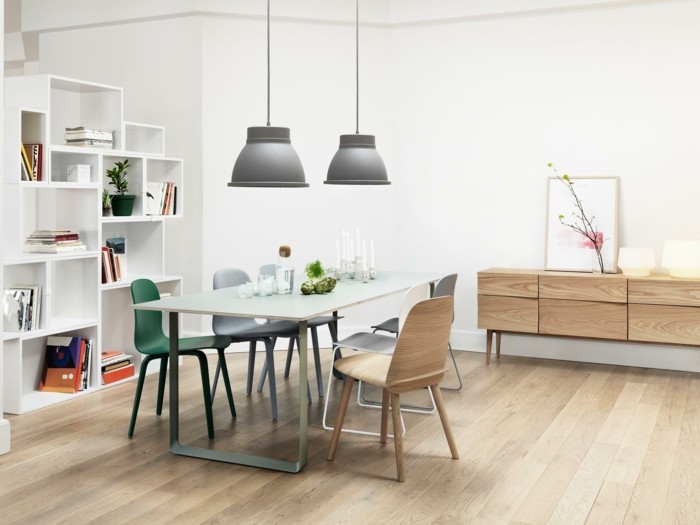 apartament decorare idei scandinave zona de luat masa raft perete mobilier din lemn podele din lemn
