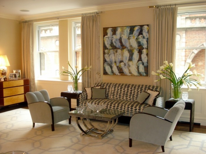 ideas de decoración plana sala de estar moda alfombra brillante deco floral cortinas largas