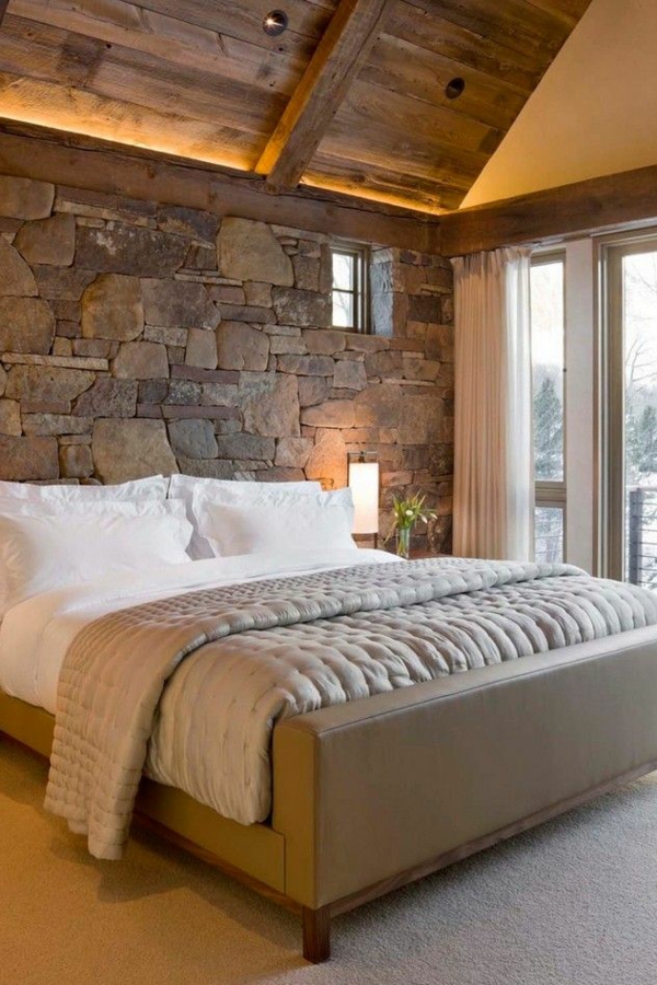home decor ideas bedroom rustic stone wall wood ceiling