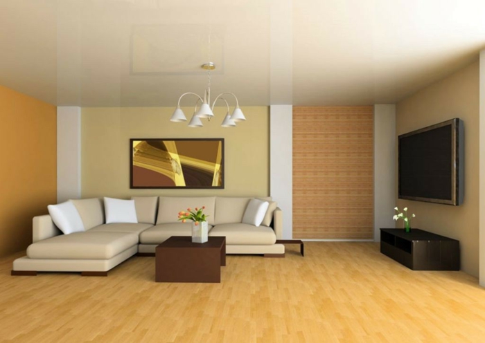 obývací pokoj béžový hnědý konferenční stolek minimalistický