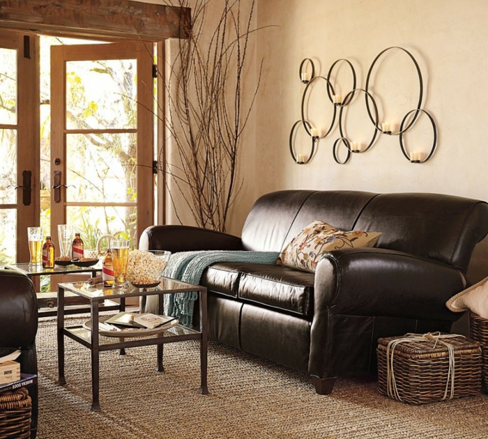 stue beige tæppe væg design brun lædersofa