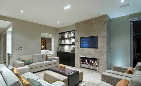 stue dekor design elegant vakker grå farge innebygd peis sofa
