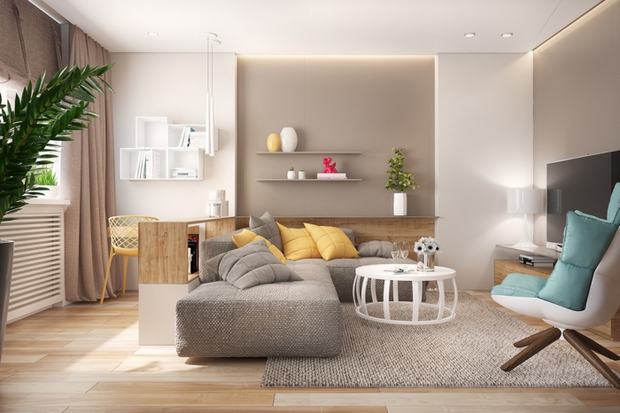 příklady nastavení obývacího pokoje béžové odstíny barevných akcentů