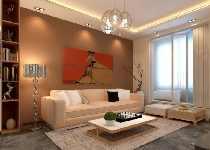 exemples de configuration de salon brun accent mur déco idées lampadaire