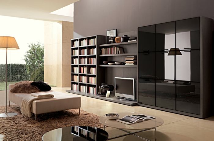 obývací pokoj nastavit příklady hnědý koberec panoramatické okno