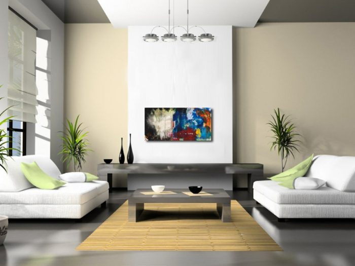 příklady nastavení obývacího pokoje bílá křesla béžové stěny