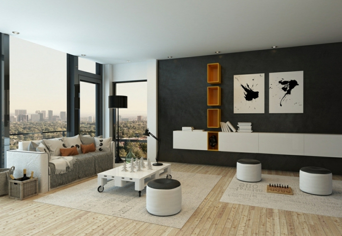 příklady nastavení obývacího pokoje tmavý přízvuk stěnová stolička panoramatické okno