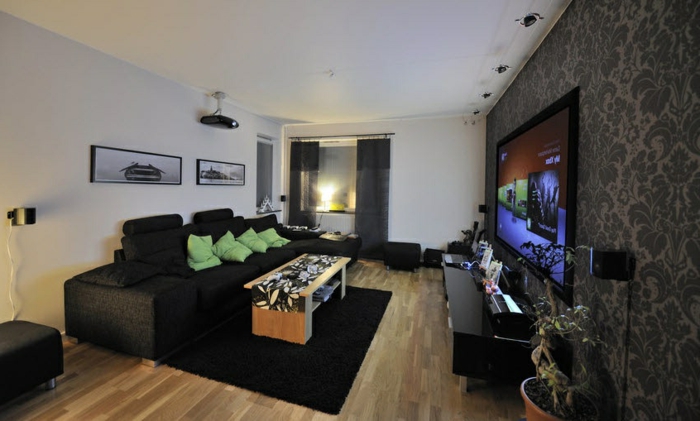 obývací pokoj nastavení příklady tmavý nábytek wall tapety rostliny