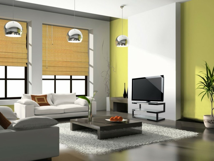 obývací pokoj nastavení příklady zelené akcenty roman stín světelné závěsy