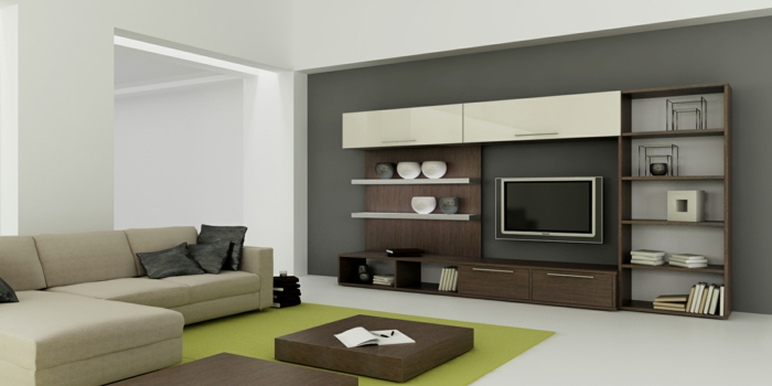 obývací pokoj nastavení příklady zelený koberec obývací stěna rohová pohovka