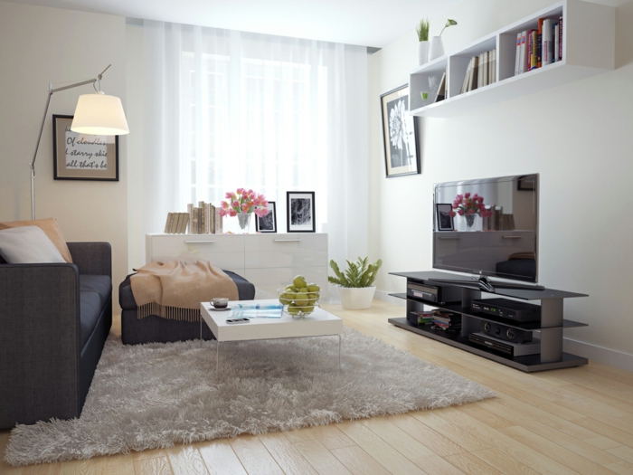 obývací pokoj příklady nastavení malý obývací pokoj nástěnné police rastliny jasné stěny