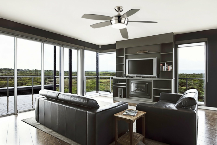 obývací pokoj vybavení nábytku kožený nábytek černá obývací stěna panoramatické okno