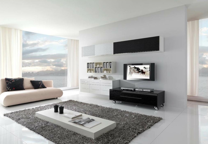 woonkameropstelling voorbeelden minimalistisch decor grijs tapijt