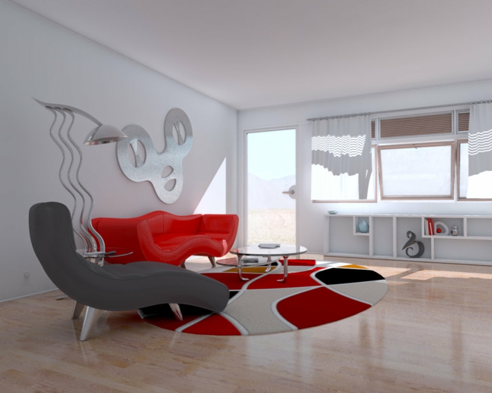 příklady nastavení obývacího pokoje červená pohovka šedá křesílka kulatý koberec