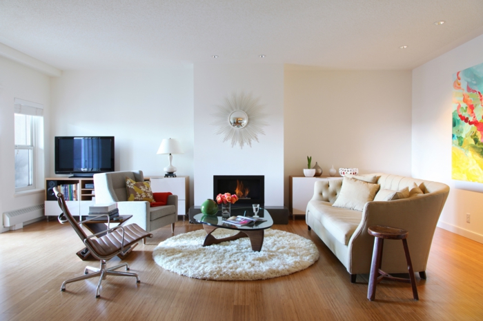 客厅设置实例圆地毯现代壁炉