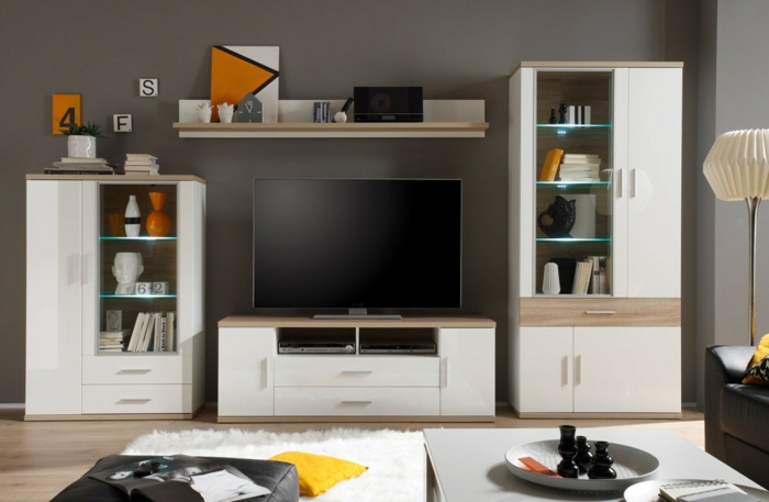 obývací pokoj nastavení příklady obytné zdi televizor šedá stěna barva
