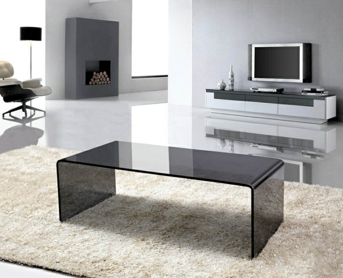 olohuone sisustusideoita lasipöytä musta minimalistinen olohuone