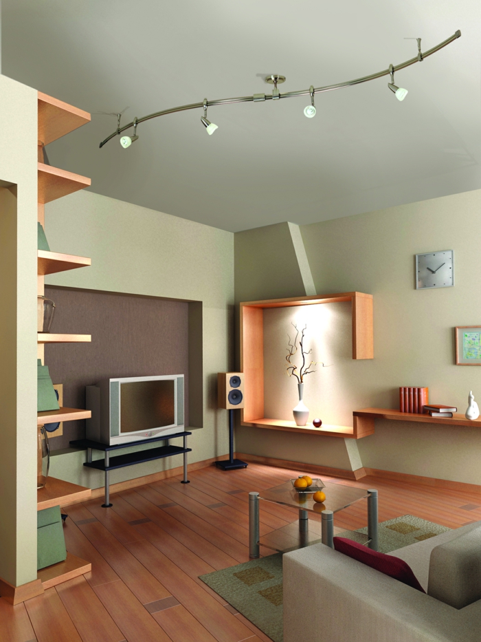 příklady nastavení obývacího pokoje malé stropní svítidla chladné stěnové police