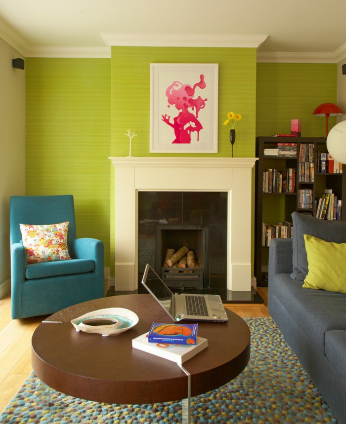غرفة المعيشة تزيين الأفكار الخضراء اللكنة جدار جولة طاولة القهوة السجاد الملونة