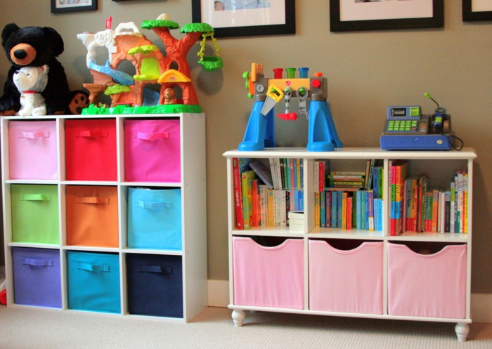 living room set up kid friendly furnishing colorful fabrics toy shelves