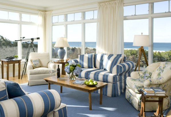 sala de estar conjunto estilo rural banda alfombra azul