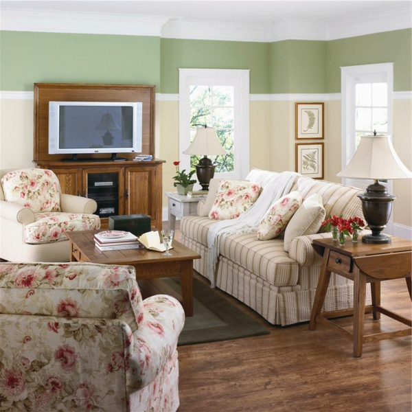 country house sofas living room set up strip floral elements