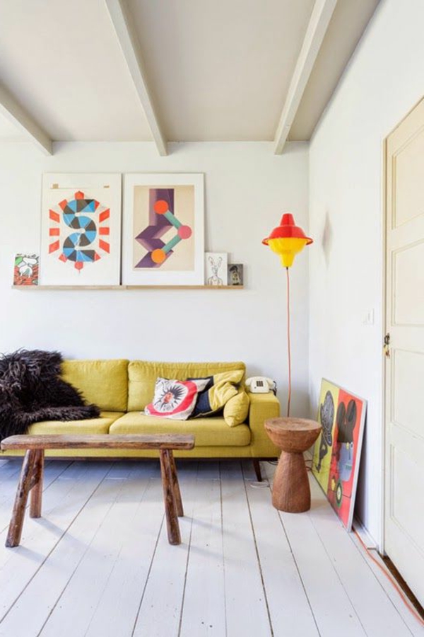 living room yellow sofa rustic table