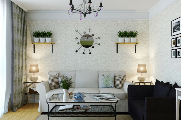dekoravimas gyvenamasis kambarys dekoravimo patalpų augalai sieniniai tapetai stalinės lempos