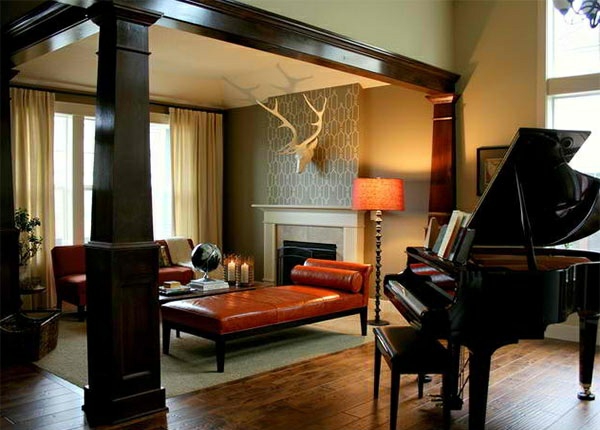 客厅设计家具钢琴家具风格传统皮革木梁壁炉