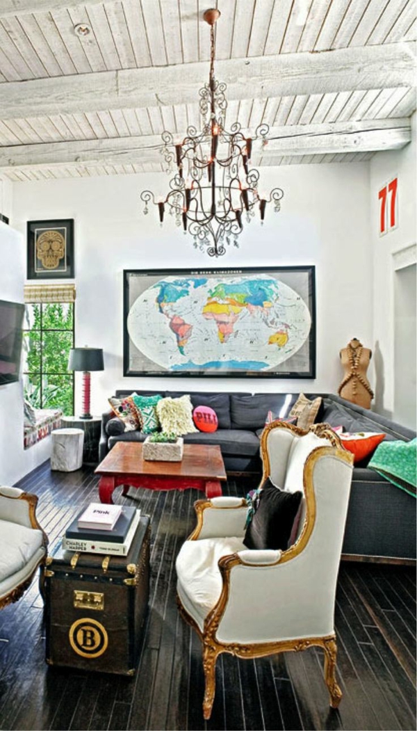 客厅设计软垫家具世界地图墙壁设计客厅壁画