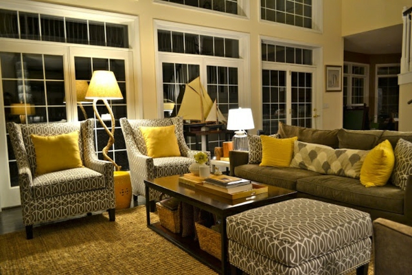 living room design ideas yellow gray upholstered furniture