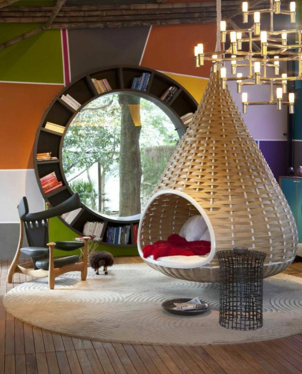 living room design ideas hanging chair wall shelf oval shape