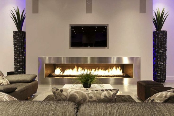 living room design ideas modern fireplace tv plants