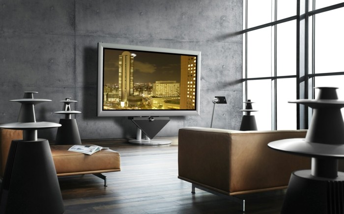 sala de estar gris beige muebles de cuero gris paredes tv