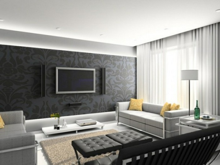 sala de estar gris pared papel tapiz beige alfombra amarilla almohada tiro televisor