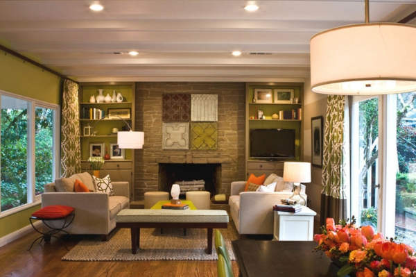 nápady v obývacím pokoji z přírodního kamene a tkaný koberec