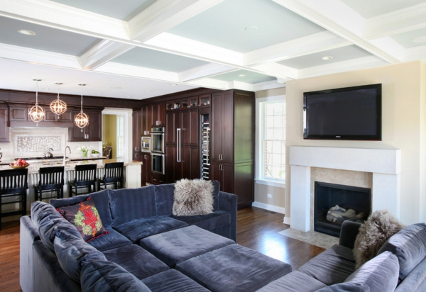 nápady na obývací pokoj sametově prostorná gauč v tmavě šedé barvě