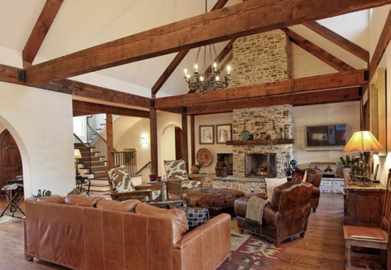 living room leather sofa fireplace cool home decor wooden beams stone country style