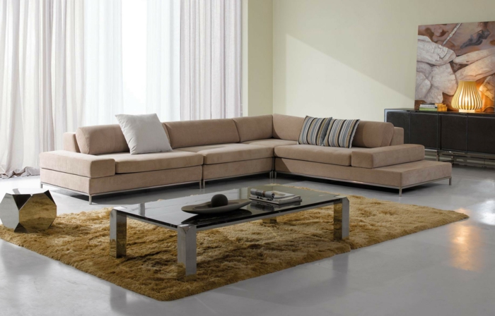stue sofa beige glas bord sidebord