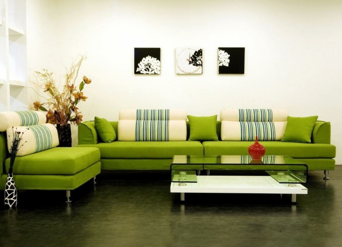 stue sofa grøn glas bord deco ideer