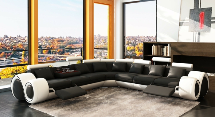 stue sofa komfortabel panoramavindue tæppe sort kaste pude