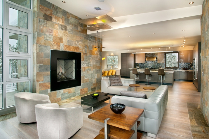 living stone wall decorative fireplace chic furniture