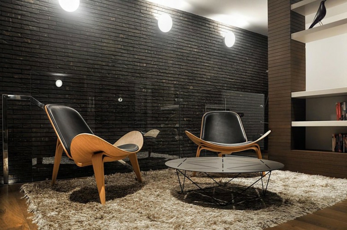 living stone wall dark shades carpet shelves