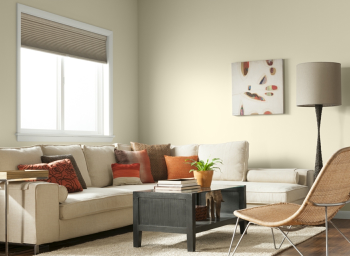stue maleri ideer beige vegg maling teppe draperi hjørne sofa