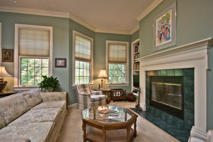 客厅绘画想法绿色墙壁壁炉罗马树荫复古咖啡桌