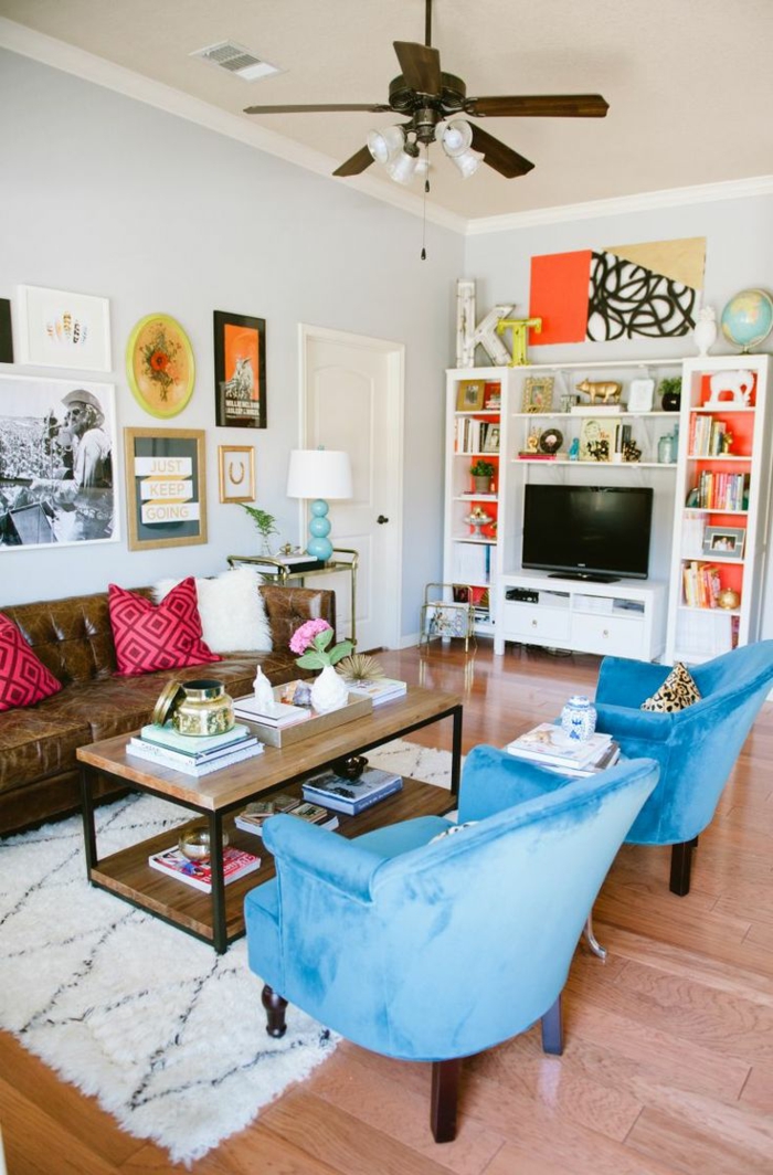 living room painting ideas bright walls blue armchair vintage carpet wall unit