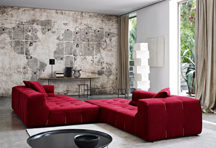 ζωντανές ιδέες ταπετσαρίας κόκκινο καναπέ γωνιά φανταχτερά διακόσμηση τοίχων