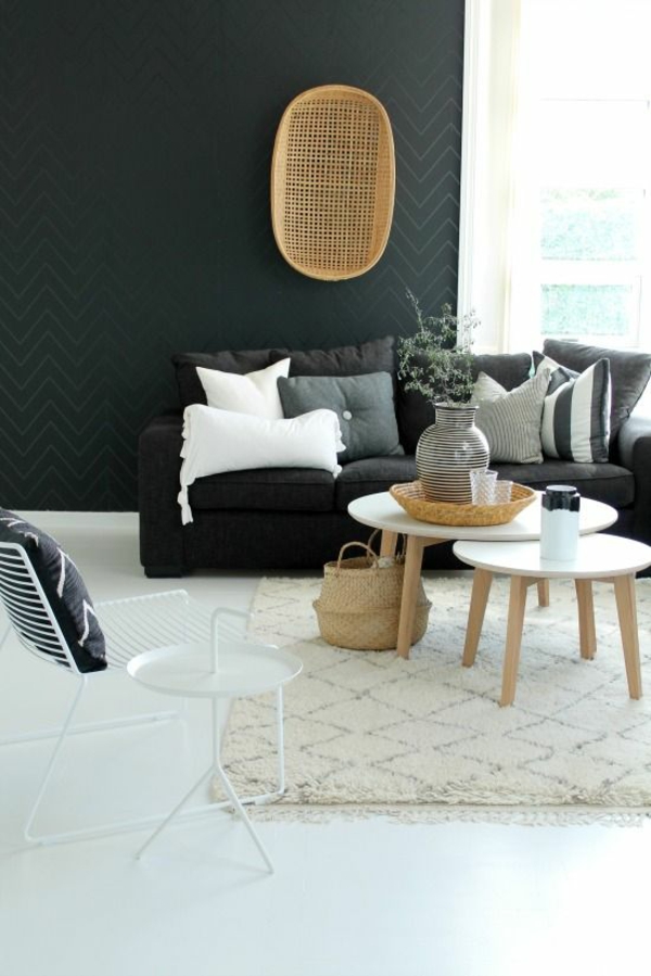 Ideas de diseño de pared de sala de estar negro mural de pared patrón de chevron