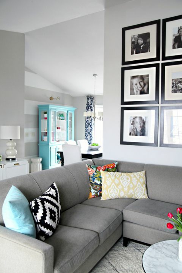 diseño de pared de sala de estar con imágenes de colores azul turquesa sala de estar abierta
