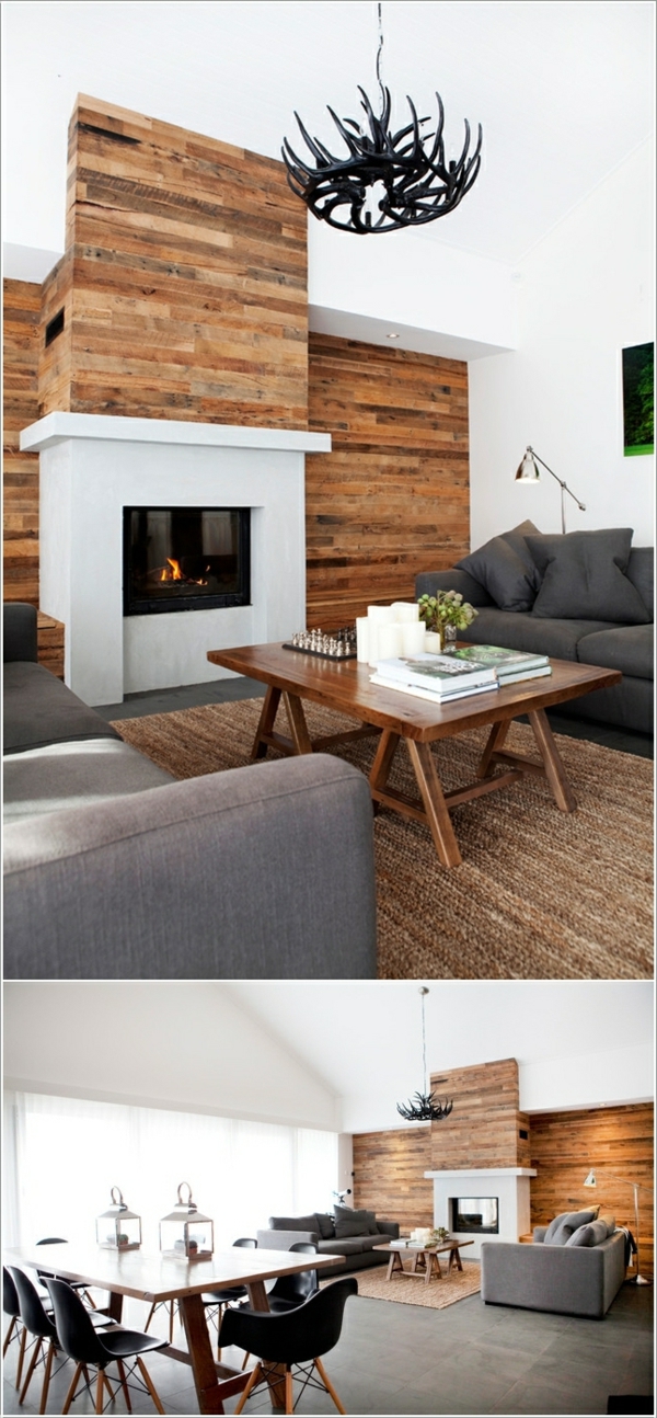 diseño de pared de sala de estar paletas de chimenea sofá